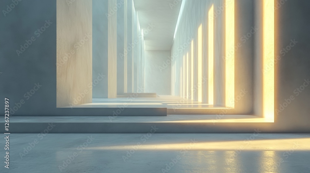 Poster illuminated hallway with rhythmic columns casting shadows inward softly