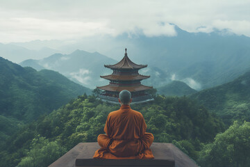 Monk on a Mountain with a buddhist tempel, traditional pagoda, buddhism religion