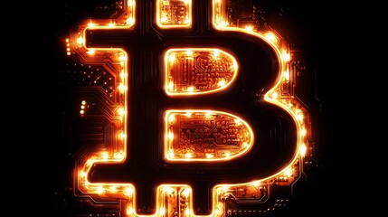 Glowing Bitcoin Symbol Digital Currency Circuit Board Technology Abstract Background Orange Light Modern Futuristic Design Cryptocurrency Finance     
