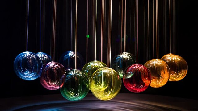 Vibrant pendulum motion: colorful glass orbs swinging in dim light for dynamic effects