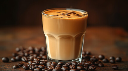 Obraz premium Kawa latte w szklane i rozsypane ziarna kawy