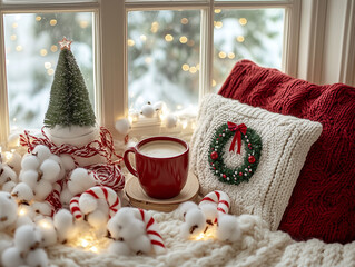 Czerwony kubek z kawą obok świątecznych poduszek i okna