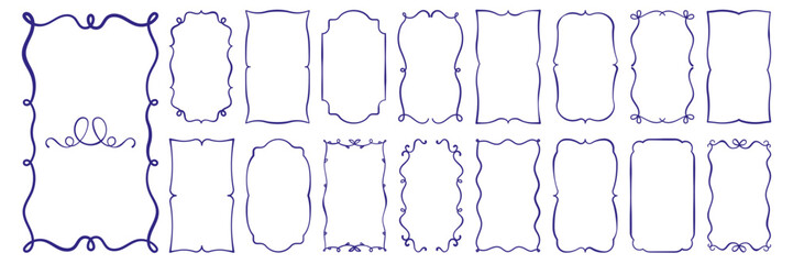 hand drawn outline frame set. rectangular, oval shape vintage borders with curl, loop, wave, bow