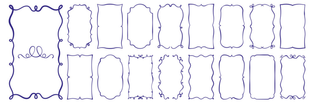 hand drawn outline frame set. rectangular, oval shape vintage borders with curl, loop, wave, bow