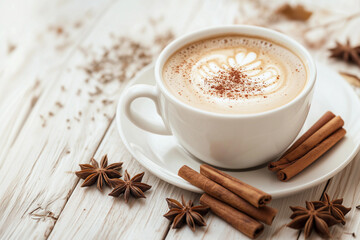Biała filiżanka z cappuccino, laska cynamonu na białym drewnianym blacie