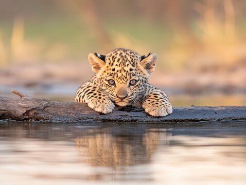 Young leopard cubs resting by reflective water with golden light casting a warm glow over their spotted fur capturing a tranquil wildlife moment