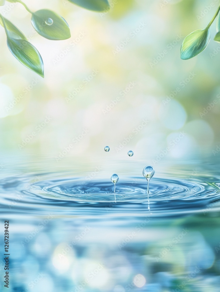 Poster water droplets create ripples on a serene pond surrounded by gentle green leaves in bright daylight.