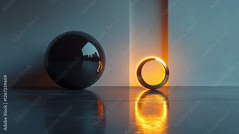 Poster abstract minimalist sphere and ring composition in a modern setting