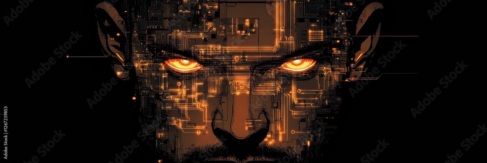 Aufkleber Human face merges with glowing digital circuits in a futuristic representation of technology and identity. Generative AI