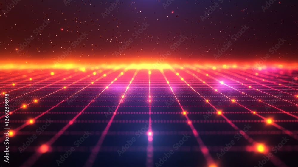 Poster abstract grid with glowing nodes and starry cosmic background