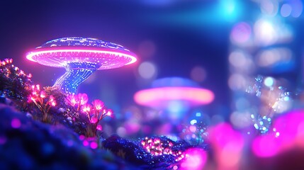 Abstract Futuristic Underwater Research Facility Concept with Glowing Mushrooms Pink and Blue Illumination in Deep Ocean Digital Rendering