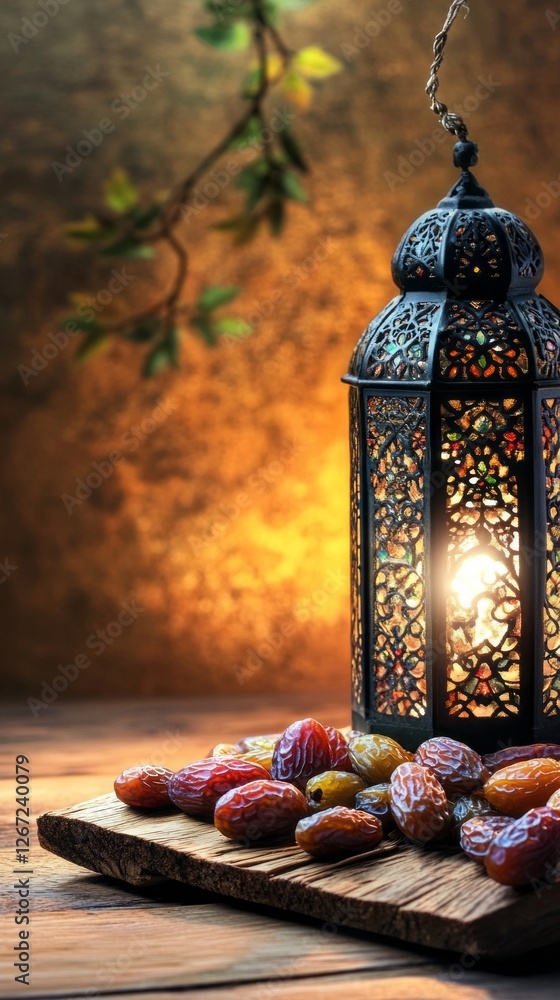 Poster golden light flickers through an ornate lantern as colorful dates rest on a wooden surface, symboliz