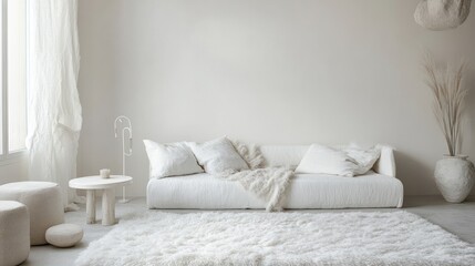 Minimalist white living room interior design, cozy sofa, calm background, home decor