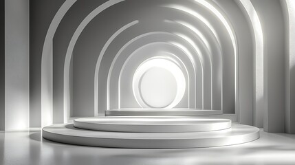 Fototapeta premium Modern white arched hall, product display, sunlight