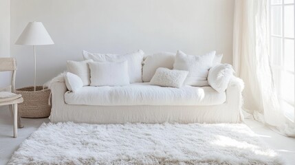 White living room sofa, sunlight, calm interior, relaxation, home decor