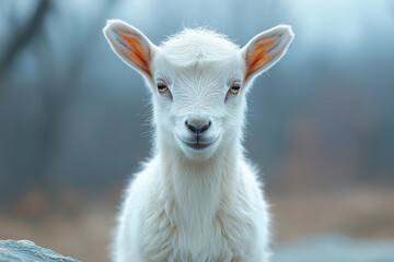 Obraz premium Portrait of a Young Mountain Goat in the Misty Wilderness Setting