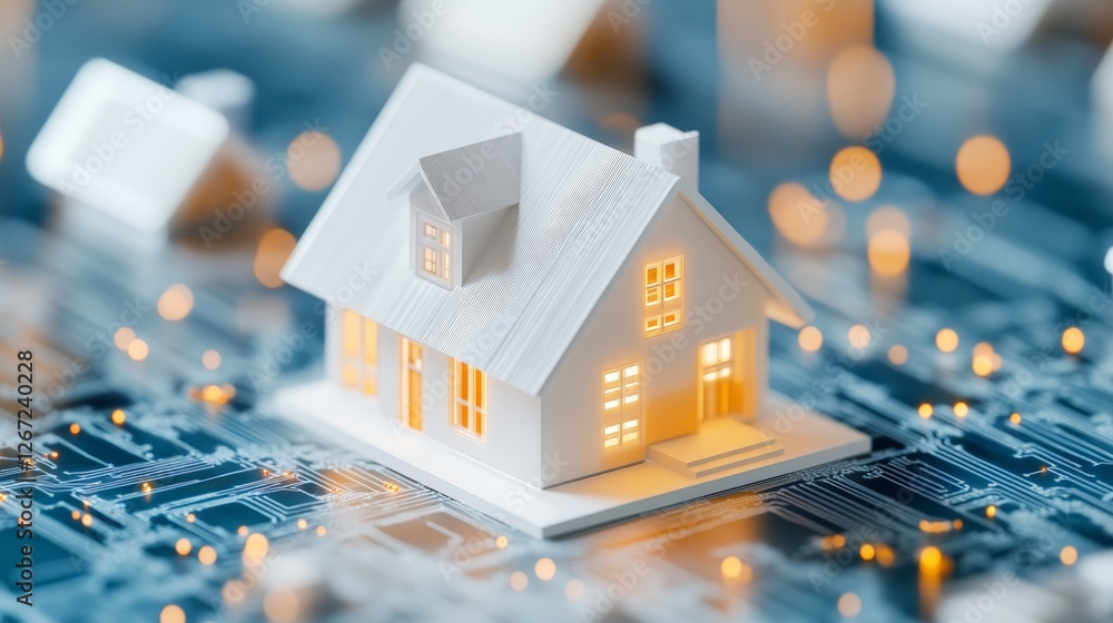 Poster futuristic smart home concept with glowing miniature house on circuit board symbolizing digital real