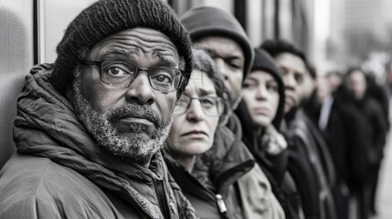 A long line of people waiting outside a job center, emotional and impactful,
