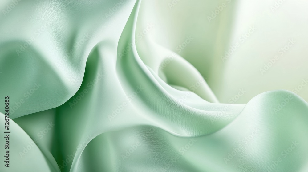 Poster soft green fabric draped elegantly with gentle folds creating a serene and calming effect in bright 