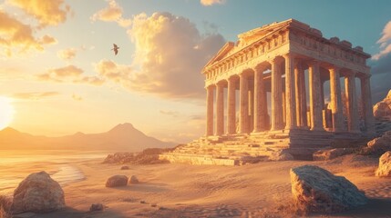 Obraz premium Sunset over ancient temple ruins on sandy beach