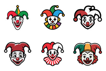 Fototapeta premium Colorful clown character set playful april fool's day flat vector icons