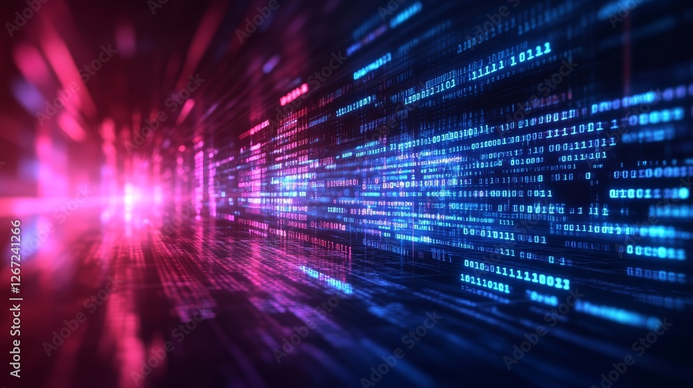 Poster neon binary city abstract digital code streams in vibrant colors on dark seamless background.