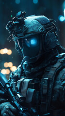 Modern soldier in tactical gear with advanced technology and glowing visor in a dark setting