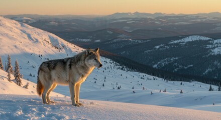Fototapeta premium Lone Wolf Standing Alert in Snow Covered Mountain Landscape at Sunrise