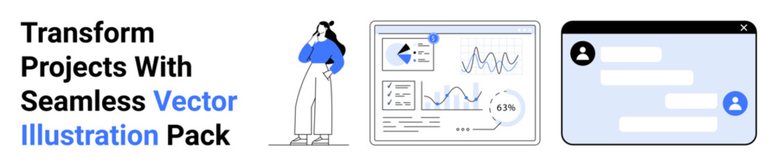 Fototapeta premium Woman standing confidently, analytics dashboard featuring charts and graphs, messaging app with chat bubbles. Ideal for communication, marketing, analysis, teamwork, business, education flat landing