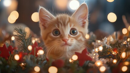 Cute kitten exploring holiday decorations with lights and ornaments in a cozy setting
