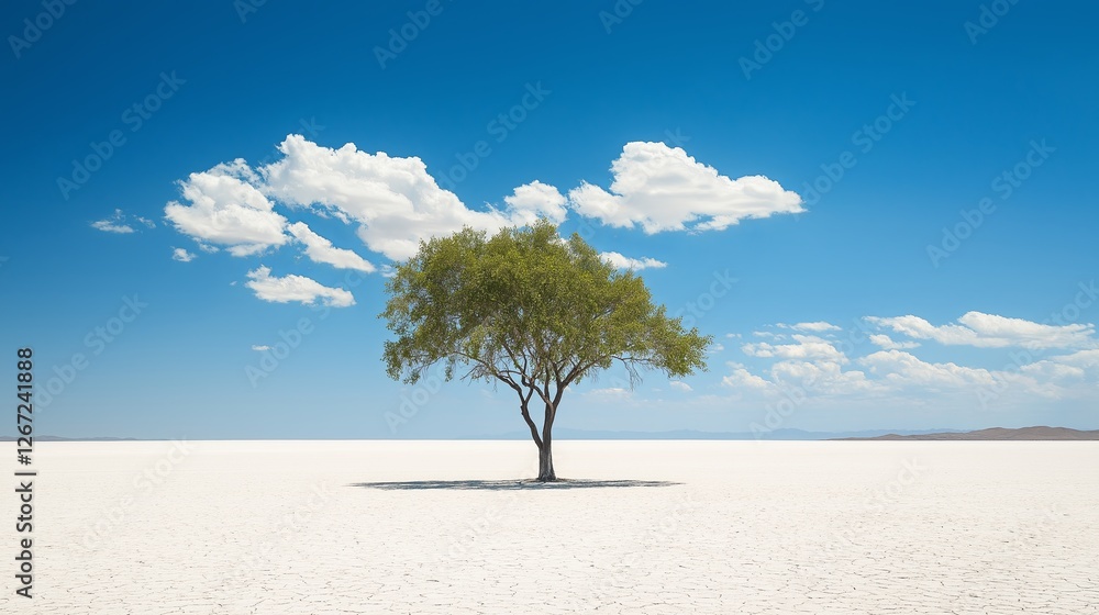 Poster a single tree standing in the middle of a vast white desert