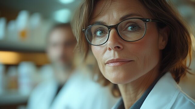 Confident middle-age lady pharmacist wearing spex in a laboratory setting. Focused expression, professional attire, and pharmaceutical background.







