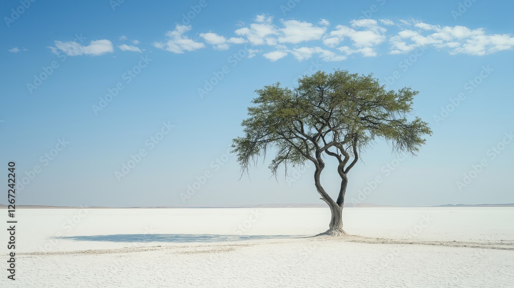 Poster a single tree standing in the middle of a vast white desert