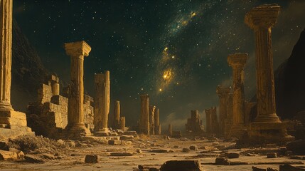 Fototapeta premium Ancient ruins under starry night sky, mountains background, fantasy art, concept art