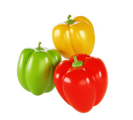 3d red, green and yellow bell pepper capsicum render icon. Organic vegetable harvest, farm product healthy food. Natural sweet paprika seasoning isolated on transparent background. 3D illustration