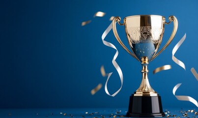 Golden trophy on a blue background with confetti and ribbons celebrating success