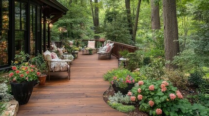 Serene Backyard Deck with Lush Greenery and Comfortable Seating