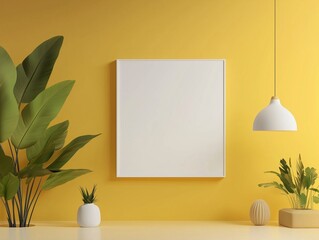 Minimalist white canvas on yellow wall with plants and lamp.