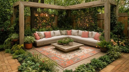 Serene Backyard Oasis Sectional Sofa Under Pergola with Lush Greenery and Persian Rug
