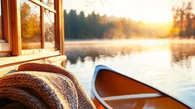 National Day of Unplugging Concept. Cozy Blanket by the Lake at Sunrise in Autumn