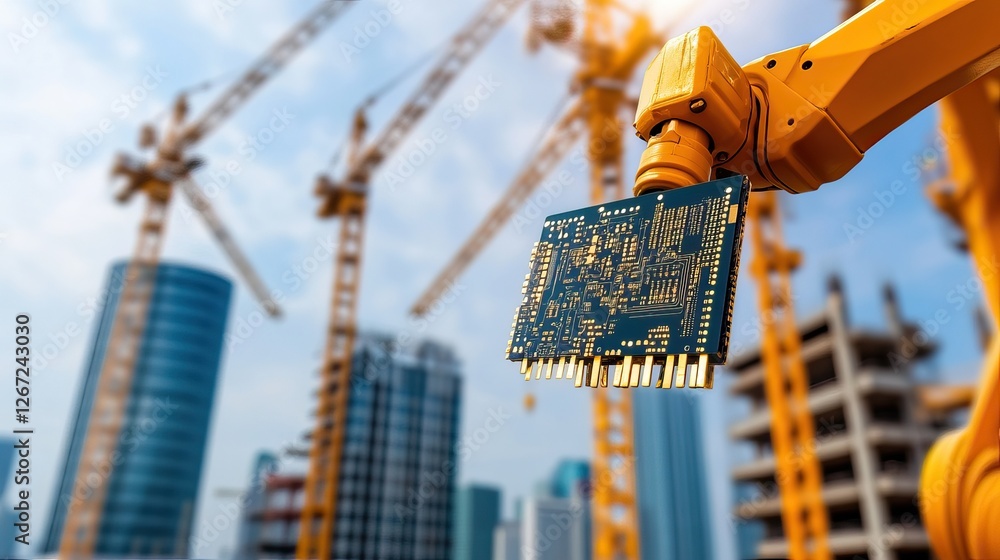 Poster a robotic arm holds a circuit board in a construction site with cranes and buildings, symbolizing th