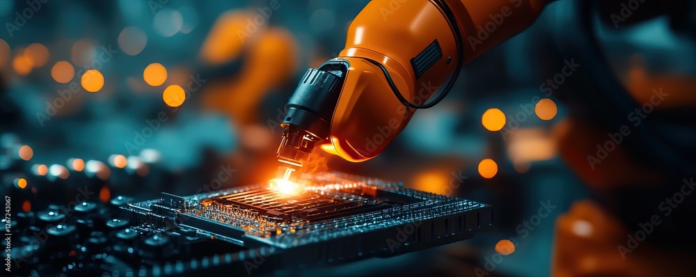 Poster a robotic arm soldering components on a circuit board, showcasing advanced technology and precision 