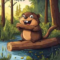 Cartoon beaver holding a log, sitting on a floating tree trunk in a vibrant forest setting
