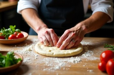 Baker's hands making pizza shape on wooden table in pizzeria on blurred background of cooking products among scattered flour. Horizontal concept of delicious italian food