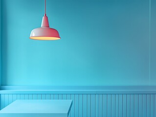 Blue wall with a tabletop and a hanging lamp.