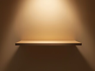 Floating wooden shelf with warm lighting on brown wall.