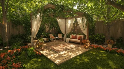 Fototapeta premium Serene Bohemian Garden Oasis Relaxing Outdoor Retreat with Pergola and Lush Greenery