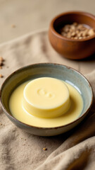 Homemade beef tallow in a bowl on a wooden surface with additional ingredients.