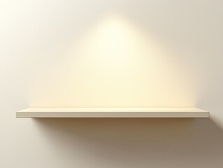 Floating white shelf with soft lighting on plain wall.