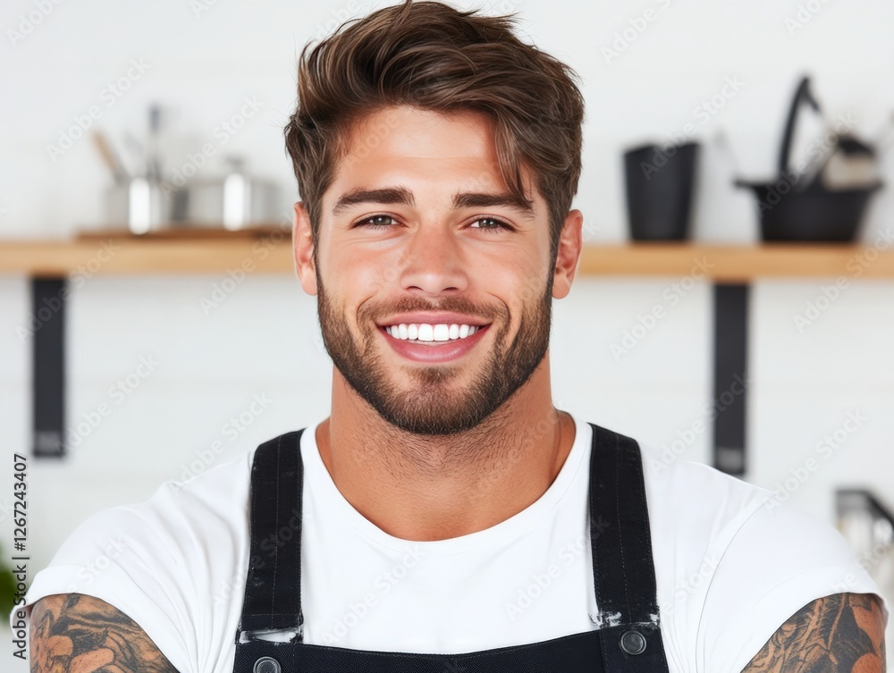 Wall mural Handsome smiling man with neatly styled hair and apron standing in a modern kitchen symbolizing confidence culinary passion and professional cooking skills